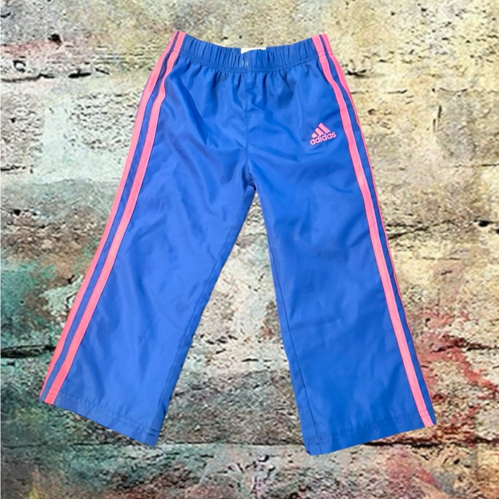 Adidas Blue Track Pants with Pink Stripes